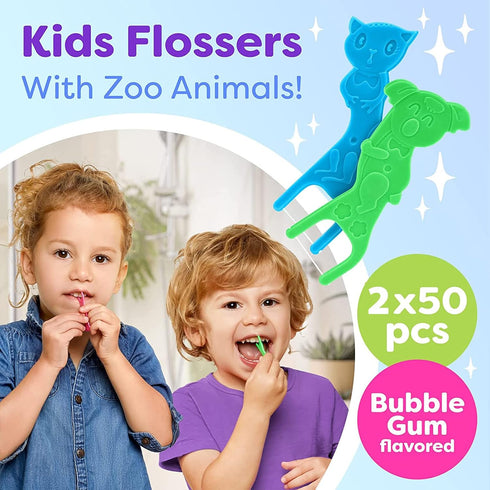 Kids Flossers 2 Pack (100 Total), Kids Floss Picks, Flossers Kids, Floss for Kids, Cute Animal Shapes, Glides Easy Between Teeth, Flosser Helps Pr...