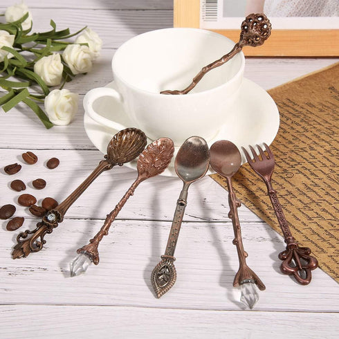 Fdit 6Pcs/Set Vintage Carved Coffee Spoon Teaspoon Retro Zinc Alloy Dessert Coffee Tableware Spoons Cutlery Kitchen(Red Bronze)...