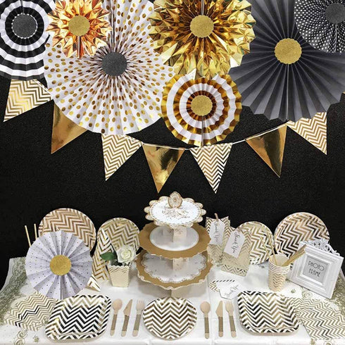 Gold Black Paper Fans Flower for Halloween Party Decorations,black2,Set of 8...