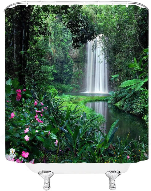 Rainforest Waterfall Shower Curtain Nature Green Forest Flowers Waterfall Tropical Landscape Bathroom Decor Fabric Curtain with Hooks, 8960AL...
