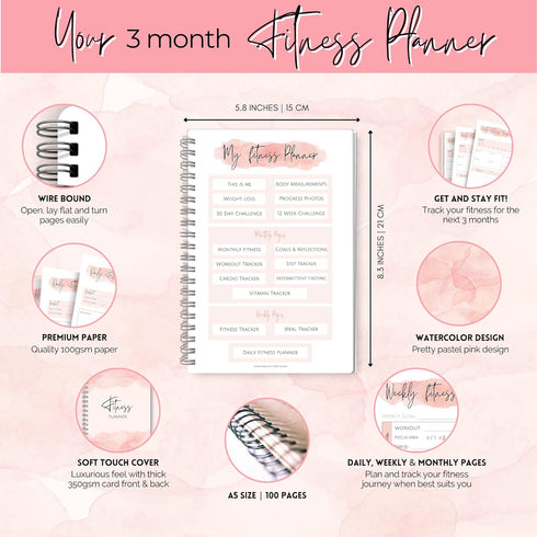 3 Month Fitness & Workout Planner for Women | Gym Journal, Weight Loss Tracker, Meal Planner, Self Care Habit Tracker - A5 Pink Watercolor...