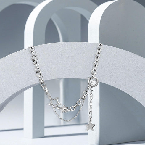 Star Necklace Y2k, Double Star Chain Necklaces for Teen Girls, Silver Punk Jewelry Asymmetric Layered Choker Necklace for Women, Idea Gift for Var...