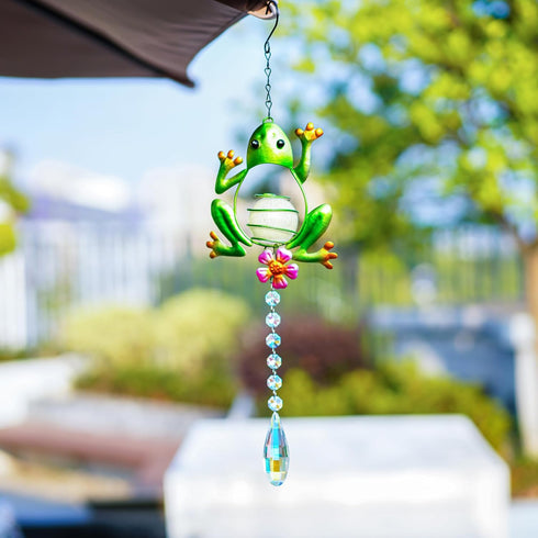 Metal Frog Suncatcher Crystals for Window Ornament - 17" Outdoor Fence Wall Art Decor, Rainbow Maker Hanging for Garden Yard Living Room Bedroom P...