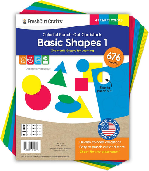 Basic Shapes 1: Circles, Triangles, Squares, Ovals, 676 Pieces US Made Card Stock Punch Out Geometric Shapes in 3 Sizes and 4 PRIMARY Colors for M...