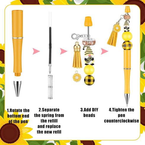 ReliThick 15 Sets Sunflower Beadable Pens Bulk Plastic Beadable Pens Assorted Bead Pens Wood Spacer Round Beads Black Ink Ballpoint Pen DIY Bead P...