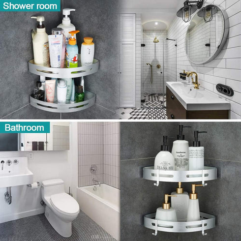 Hoomtaook Corner Caddy Bathroom Shower Shelf Wall Mounted No Drilling 2 Tier Storage Shelves Adhesive Triangle Baskets Silver Bathroom Kitchen Sto...
