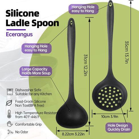Silicone Soup Ladle Spoon Set of 2,Silicone Nonstick Large Skimmer Slotted Spoons,Kitchen Ladle Strainer Spoons Heat Resistant Cooking Utensil for...