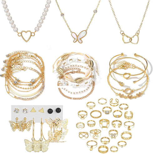 Gold Jewelry Sets for Women, Vintage Baroque Style Ladies Necklace/Rings/Bracelet and Earrings Jewelry Set, Fashion Indie Jewerly Pack Personality...