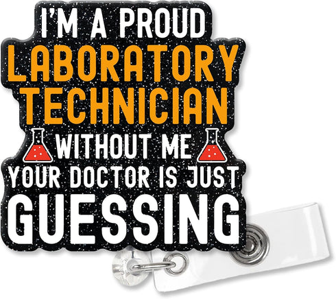 I'm a Proud Lab Tech Black Glitter Cute Badge Retractable with Alligator Clip, Funny Lab Tools ID Card Badge Holder Gifts for Scientist Doctor Nur...