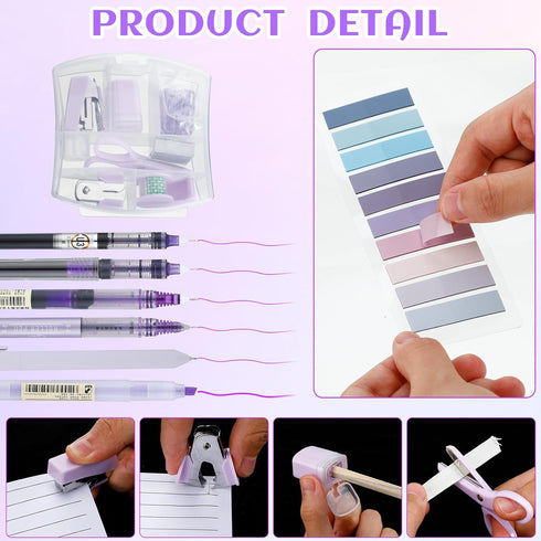 Mini Office Supply Kit Includes Stapler Tape Dispenser Staple Remover Paper Clips Scissor Staples Pen Sharpener Note Small Telescopic Knife for Of...