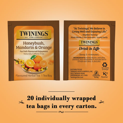 Twinings Honeybush, Mandarin, & Orange Herbal Tea Individually Wrapped Bags, 20 Count (Pack of 1), Naturally Caffeine-Free, Enjoy Hot or Iced, 20 ...