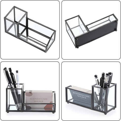 Hipiwe Glass Business Card Holder Metal Pen Pencil Storage Holder for Desk Clear Business Card Display Organizer Case for Office Home,2 Slots,Blac...