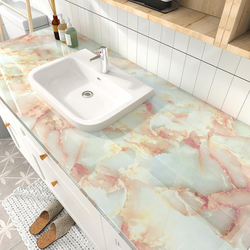 Beige Pink Marble Contact Paper Self Adhesive Marble Wallpaper Stick and Peel Waterproof Cream Granite Contact Paper for Countertops Kitchen Cabin...