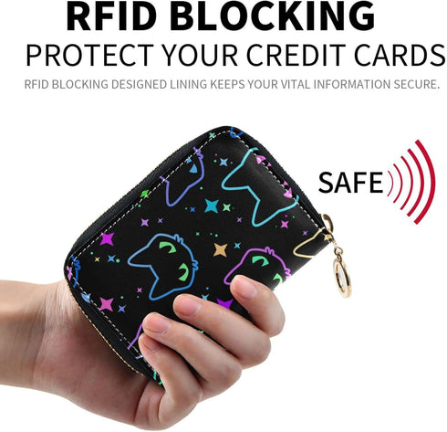 RFID Credit Card Holder Colorful Neon Cat Heads Leather With Zipper Card Case Wallet for Women Girls...