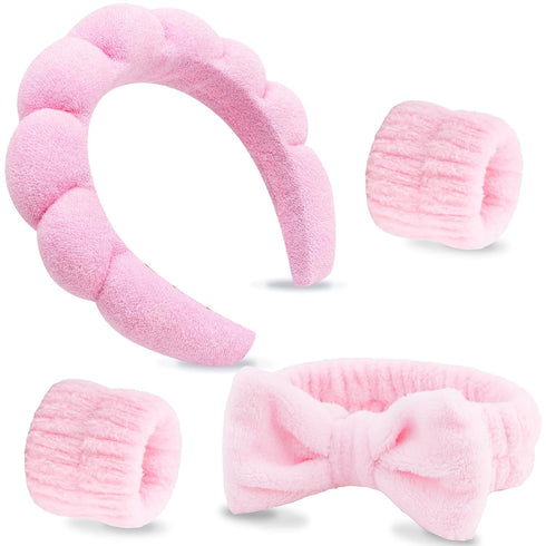 VELSCRUN 4 Pcs Spa Headband, Face Wash Headband, Skincare Headbands, Makeup Headband, Pink Puffy Sponge Hair Band Bow Tie Bubble Spa Headband Wris...
