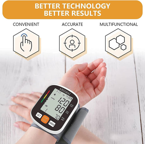 Automatic Wrist Blood Pressure Monitor: Adjustable Cuff + 2AAA Battery and Storage Case - Irregular Heartbeat Detector & 198 Readings Memory Funct...