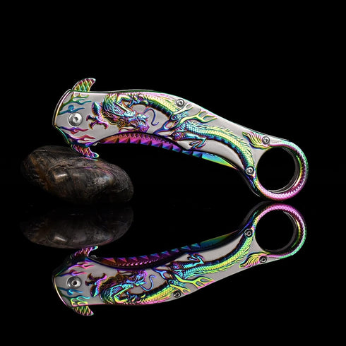 Pocket Knife for Men, Cool Folding Knife With Embossed 3D Dragon Relief, Great Gift Edc Knife For Men Outdoor Survival Camping Hiking (Rainbow)...