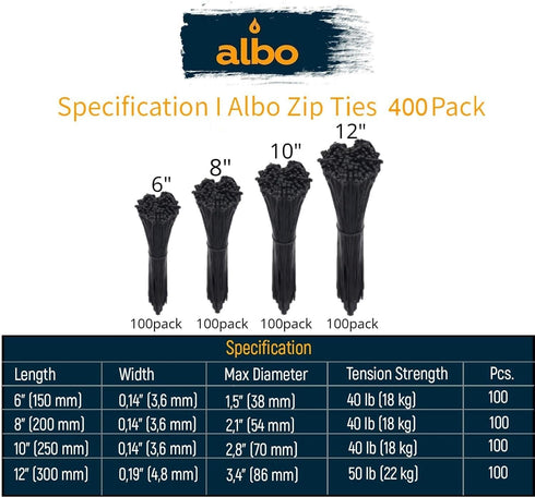 ALBO Black Zip Ties Assorted Sizes 400 Pack Plastic Cable Ties 6+8+10+12 inch Wire Tie UV Resistant Nylon Tie Wraps Assorted Sizes...