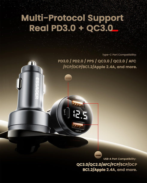 Essager Car Charger 80W Super Fast Charging with USB PD/PPS/QC 3.0(Voltmeter&LED Lights) Universal Quick Charge for 12-24V Car Cigarette Lighter P...