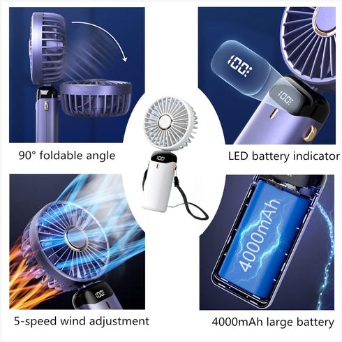 Handheld Portable Fan,Mini Personal Foldable Hand Fan,4000mAh,USB Rechargeable,5 Adjustable Speeds Desk Table Fan with Lanyard and LED Power indic...
