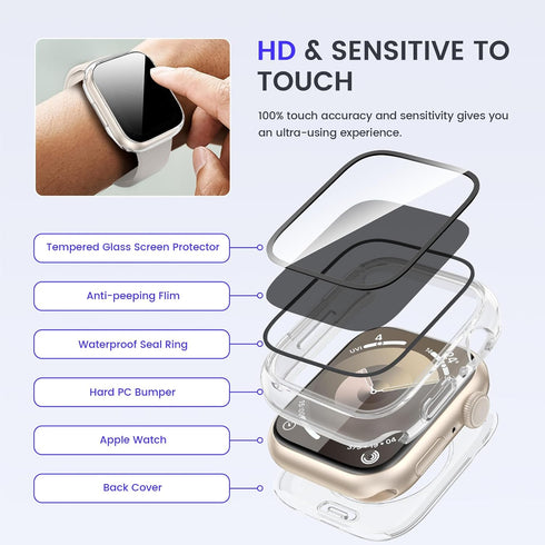 Goton 2 in 1 Privacy Waterproof Apple Watch Case for Series 9 8 7 Screen Protector 45mm, Front Anti Spy Tempered Glass Face Cover + Back Bumper fo...