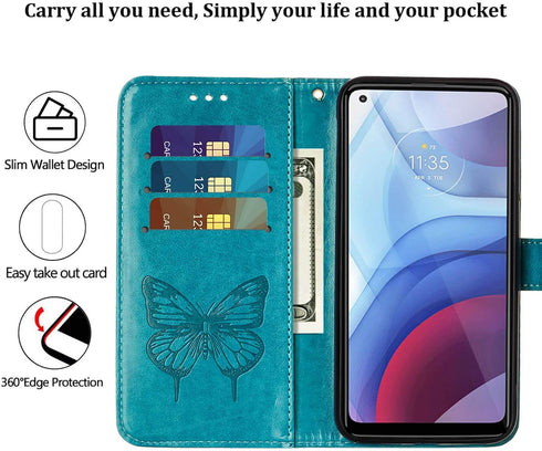 for Moto G Power 2021 Phone Case Wallet, Butterfly Floral Embossed, Wrist Strap, Card Holder Slots, Stand Leather Protective Flip Cover (Blue)...