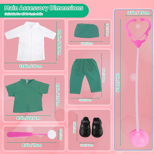 Doll Doctor Outfits and Medical Kit Accessories for 18 Inch Fashion Dolls, includes White Coat, Green Scrubs, Doctor Surgical Gown and Tools Plays...