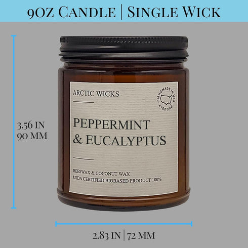 Peppermint & Eucalyptus Candles | Arctic Wicks Non Toxic Coconut Beeswax Candles | Natural Coconut Beeswax 9oz Amber Jar | Spa Wellness Candles Wa...