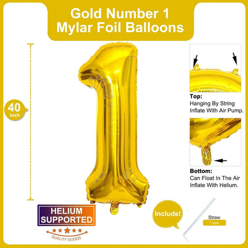 Lovoir 40 Inch Large Gold Number 1 Balloon Extra Big Size Jumbo Digit Mylar Foil Helium Balloons for Birthday Party Celebration Decorations Gradua...
