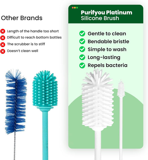 purifyou Platinum Silicone Water Bottle Cleaner Brush, Extra Long Handle 16 inch, with Cap Brush for Tumblers, Drinking Glasses, Vase - Perfect fo...