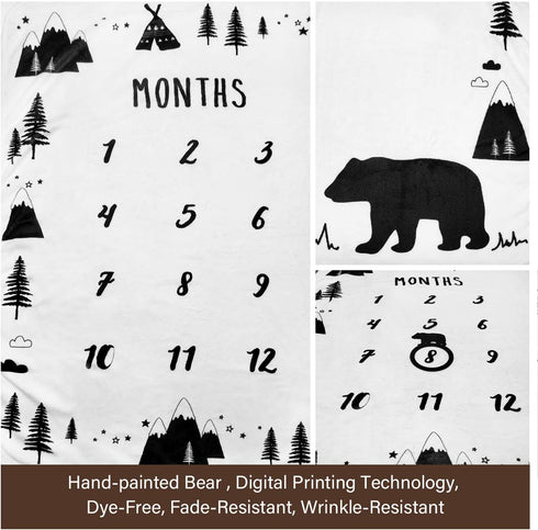 Baby Monthly Milestone Blanket Boy - Bear Newborn Month Blanket Unisex Neutral Personalized Shower Gift Woodland Nursery Decor Photography Backgro...