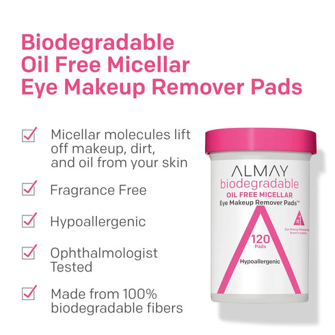 Almay Biodegradable Makeup Remover Pads, Micellar Gentle, Hypoallergenic, Fragrance-Free, Dermatologist & Ophthalmologist Tested, 80 count (Pack o...