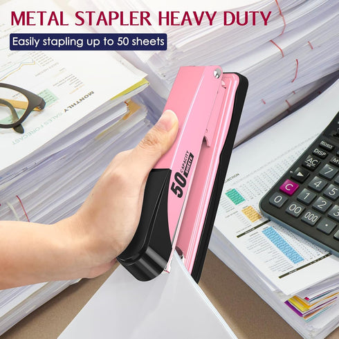 Metal Stapler Heavy Duty 50 Sheet Capacity with 1750 Staples and Staple Remover, Pink Stapler Full Strip Staplers for Desk, No Jam, Non-slip Offic...