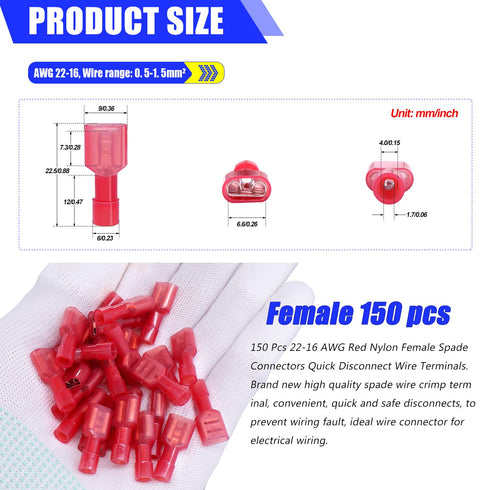Twidec/150PCS Nylon Spade Connectors Kit 22-18 Gauge Quick Disconnect Fully Insulated Female Wire Spade Terminal Assortment Kit Red N-066-R-Fe...