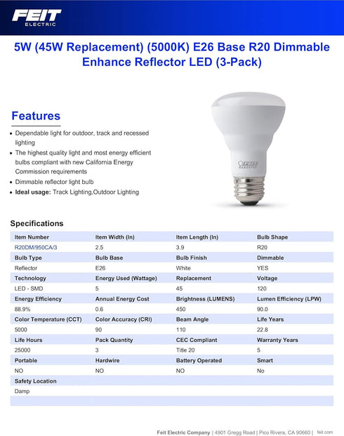 Feit Electric R20 LED Light Bulb, 45W Equivalent, Dimmable, 5000K Daylight, 450 Lumens, 90 CRI, E26 Base, Damp Rated, Recessed and Track Lighting ...