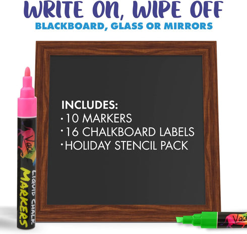 Vaci Neon Liquid Chalk Markers - Erasable Chalk Pens for Chalkboard, Car Window, Glass, Mirror, Blackboard with Reversible Fine Tip - 10 Pack...
