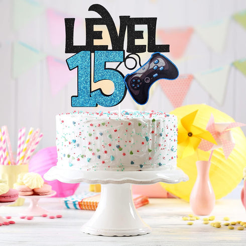 Level 15 Game Birthday Cake Topper - Video Game Boy's 15th Birthday Level Up Party Blue Cake Supplies - Game On Winner Gaming Party Decoration...
