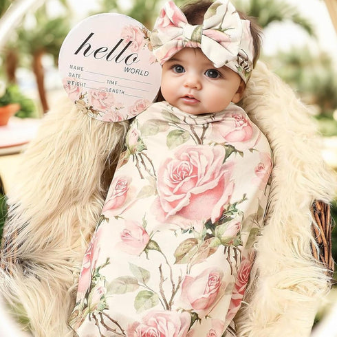 Galabloomer Newborn Receiving Blanket Headband Set Baby Flower Swaddle (vintage flower)...