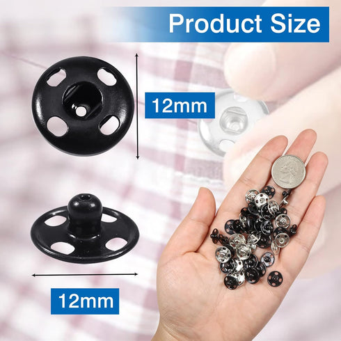TOAOB 100 Sets Sew on Snap Buttons Brass Snaps Fasteners Press Studs Snap Kit for Sewing Clothing 12mm Black and Silver...