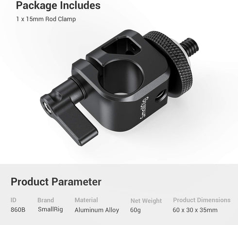 SMALLRIG 15mm Rod Clamp Rail Connector with 1/4" Thread Hole to Attach Camera Microphones/Sound Recorders/Lighting Equipment - 860...