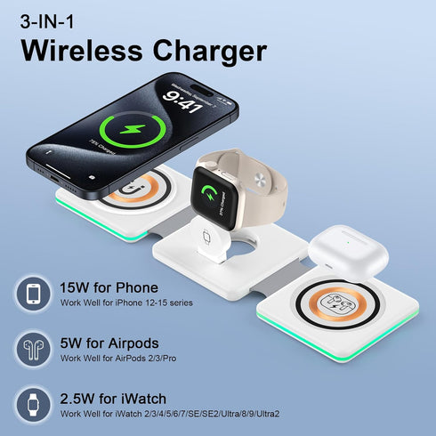 3 in 1 Wireless Charging Station for iPhone 15 Pro Max 14 13 12 Pro Max Mini,AirPods/Pro,iWatch Ultra/SE/9/8/7/6/5/4/3/2, Magnetic Foldable Charge...