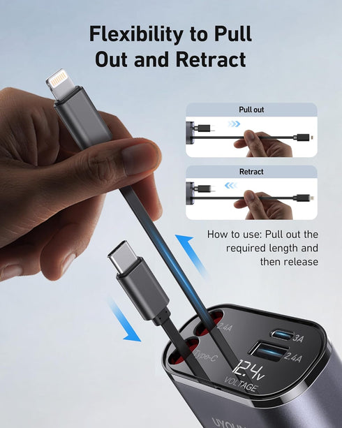 iPhone Car Charger, Retractable Fast Car Phone Charger 100W for CarPlay, 4 in 1 Car Charger Adapter with 2 Cables 31.5 Inch and 2 USB Ports, Compa...