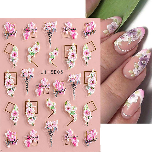 JMEOWIO 3D Embossed Flower Nail Art Stickers Decals Self-Adhesive Pegatinas Uñas 5D Spring Summer Floral Sakura Nail Supplies Nail Art Design Deco...