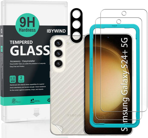 Ibywind 2 Pack Screen Protector For Samsung Galaxy S24+/S24 Plus 5G 6.7",9H Hardness Tempered Glass,With 1Pc Camera Lens Protector,1Pc Back Carbon...