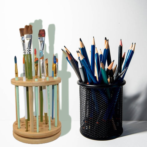 360 Rotating Paint Brush Holder Bamboo Paint Brush Tray Holder Rack-Large Capacity Watercolor Paint Brush Holder Display Stand and Organizer for D...