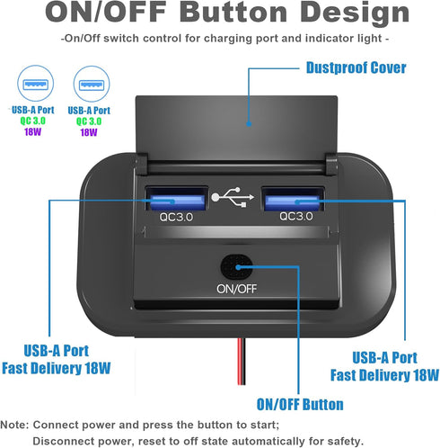 2PCS 12V RV USB Outlet with Power Switch, 36W Dual Quick Charge QC3.0 USB-A Port Panel Wall Surface Mount, 12Volt Car USB Socket Charger Adapter f...