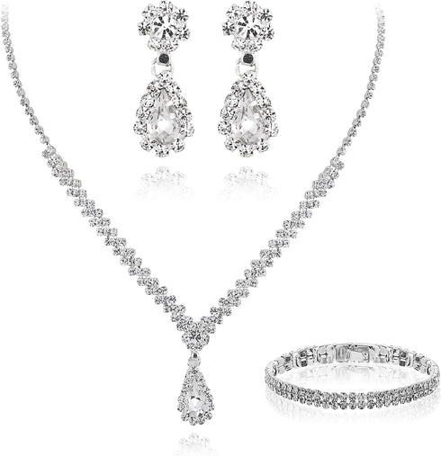 Yolev Bride Wedding Jewelry Set Wedding Rhinestones Necklaces Bridal Crystal Teardrop Dangle Earrings and Bracelet Bridesmaid Jewelry Accessories ...