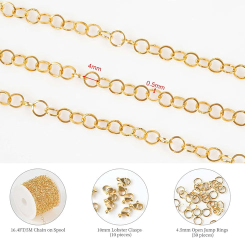 KYUNHOO 16.4 Feet Gold Plated Stainless Steel Jewelry Making Chains 4mm Circle Link Chain Bulk for Women Bracelet Necklace DIY Crafts Jewelry Supp...