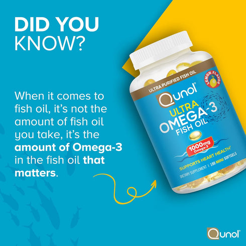 Qunol Fish Oil Omega 3 Mini Softgels, 1000mg Omega 3 EPA + DHA, Ultra Pure Supplements, Heart Health Support, Lemon Flavor, Easy to Swallow Minis,...