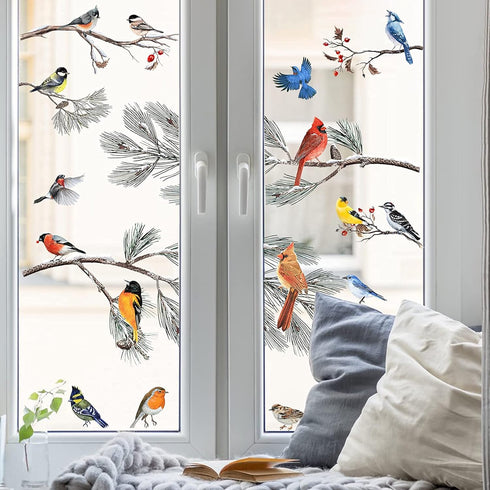 Yovkky Winter Bird Pine Tree Branch Window Clings 9 Sheet, Cardinal Bullfinch Chickadee Robin Glass Sticker Decal Snow Christmas Decor Home Kitche...